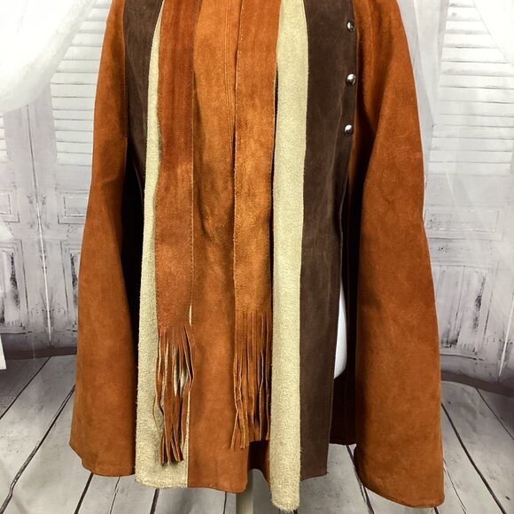 Vintage 60s Suede Two Tone Leather Cape Poncho with Belt - Picture 7 of 15